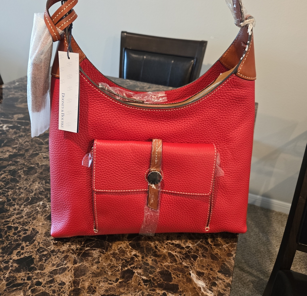 Dooney & Bourke Red Pebble Leather Shoulder Bag with Tan Trim